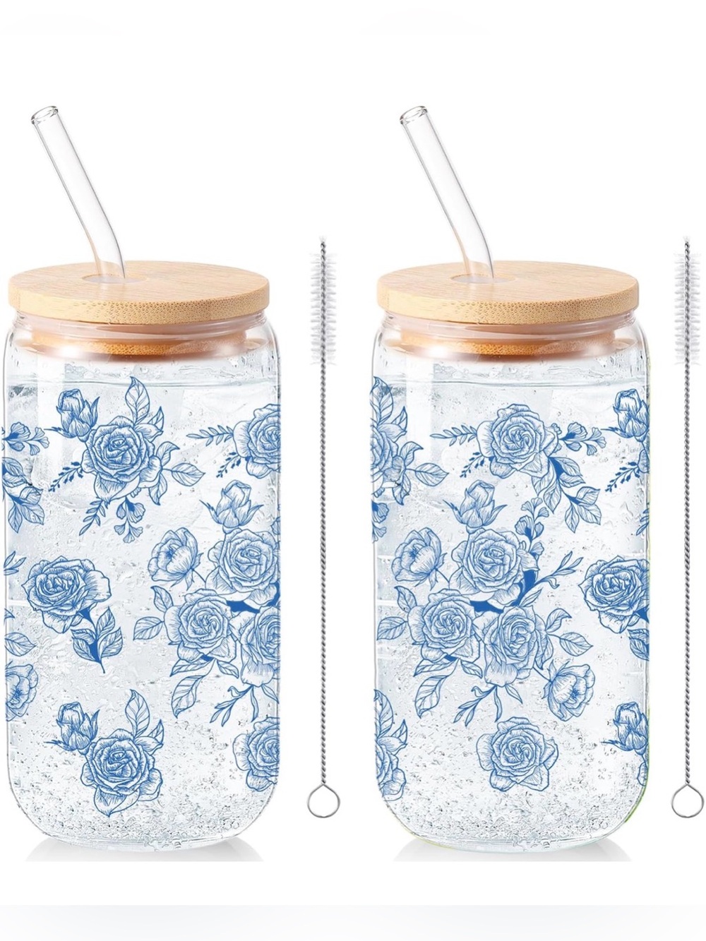 Blue Flower Glass Drinking Cups with Lid Straw, 16 oz 2 pack